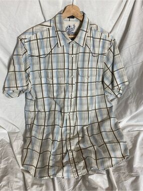 Bullhead Short-Sleeve Plaid Button-Down Shirt in Light Blue and Brown